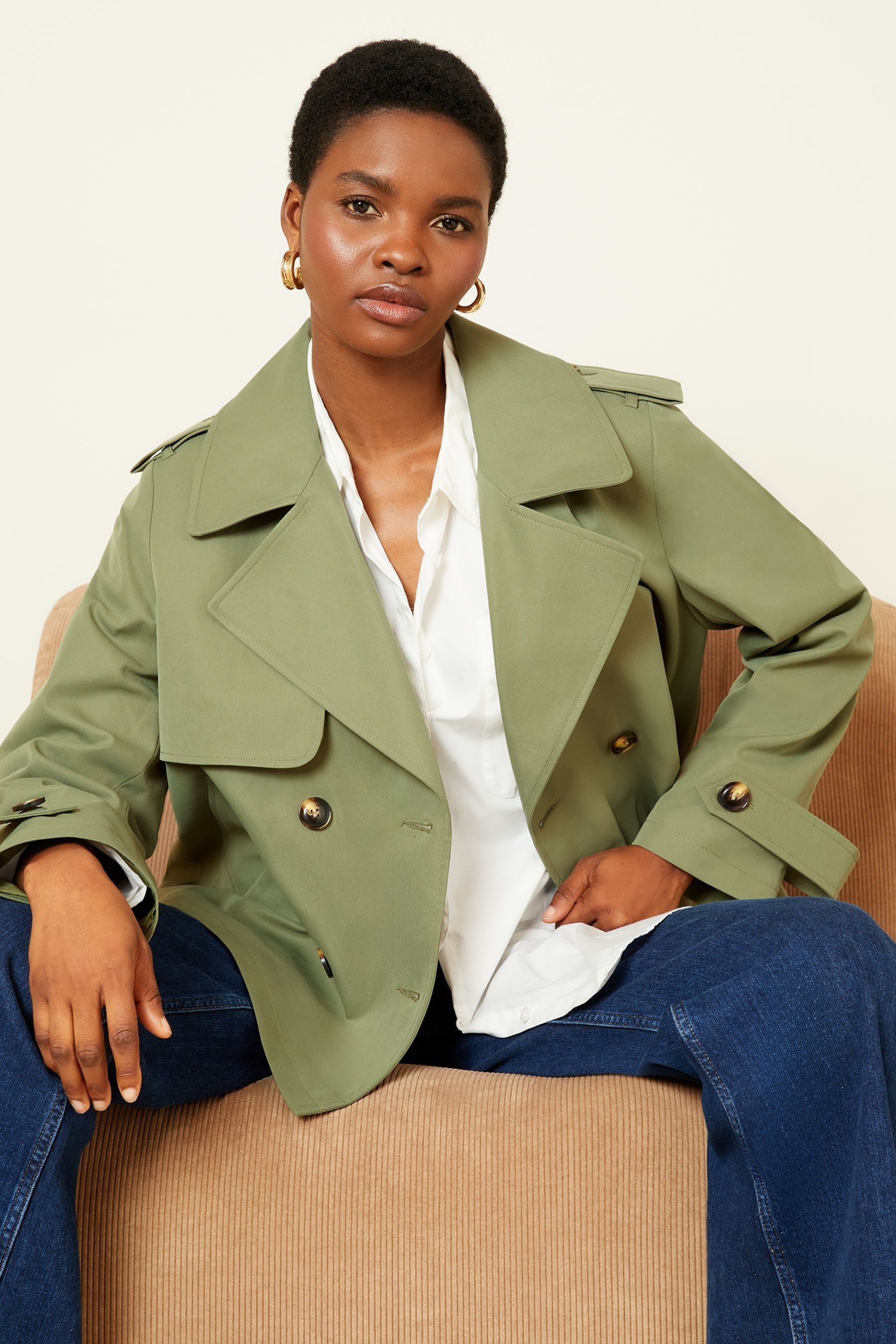 Buy Love Roses Khaki Green Cropped Trench Jacket from Next Luxembourg