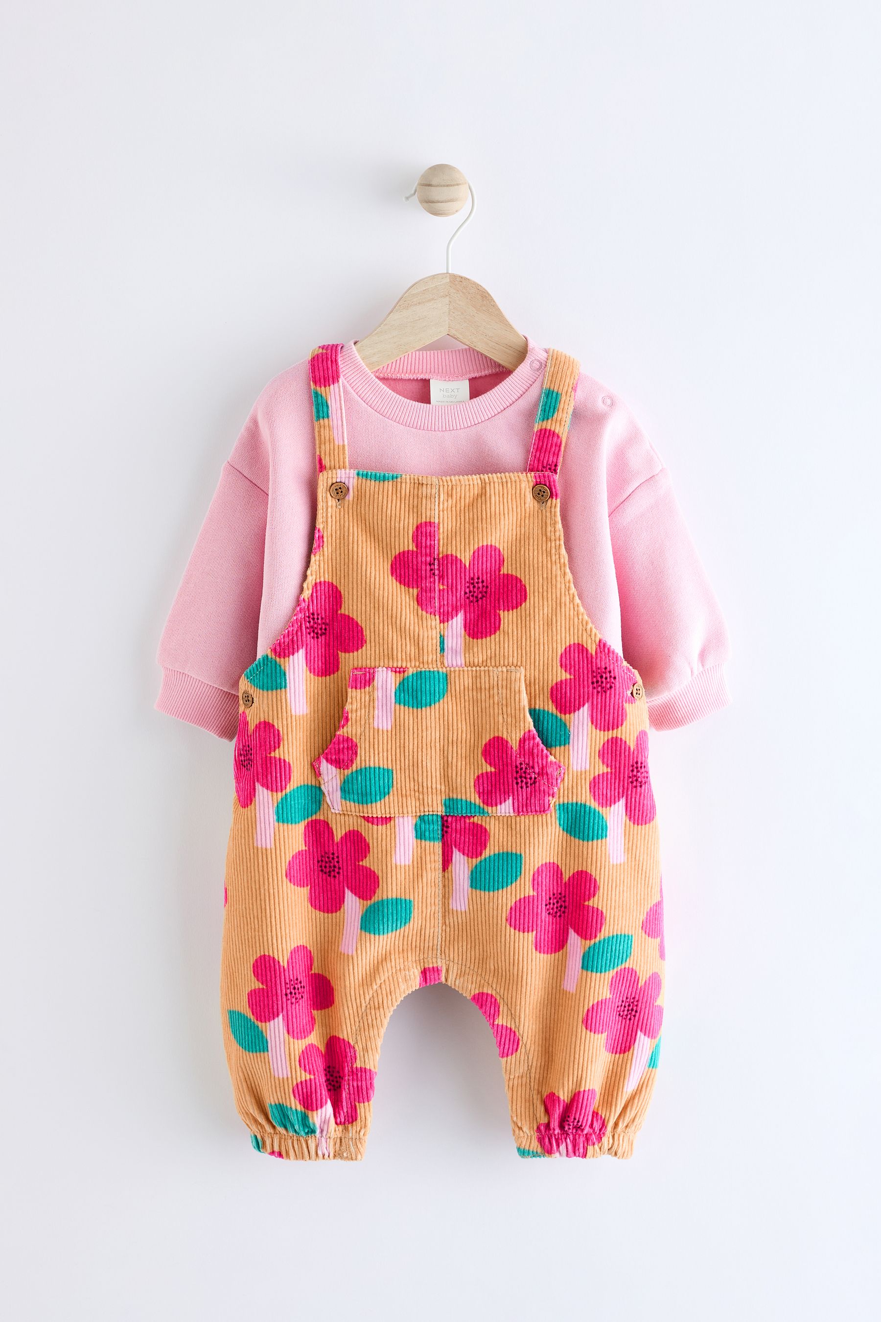 Buy Ochre Yellow Pink Floral Baby Corduroy Dungarees and Long Sleeve Bodysuit Set 0mths 2yrs Next Ukraine