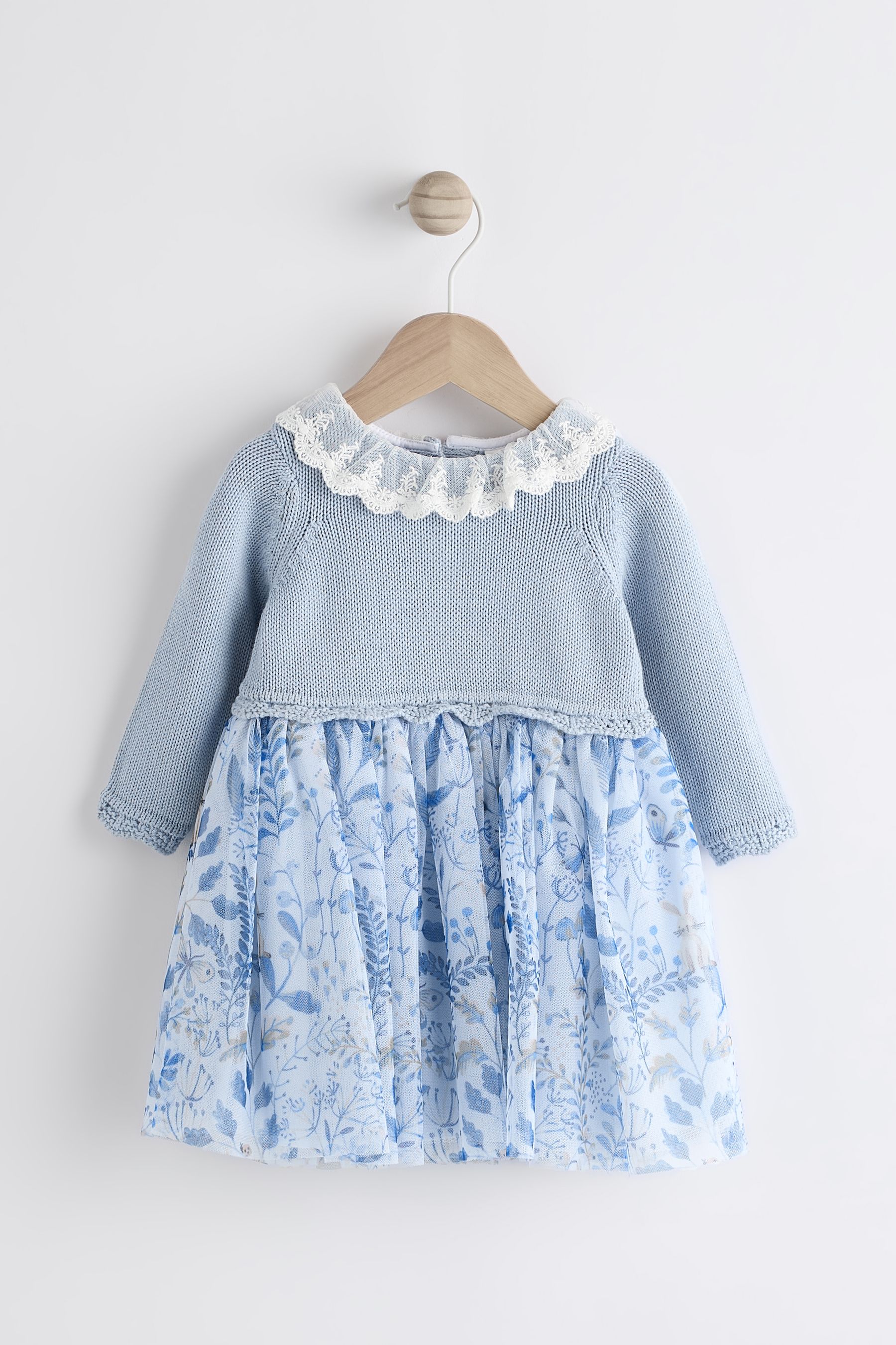 Buy Blue Floral 2 in 1 Long Sleeve Knitted Jumper Frill Collar Mesh Dress 0mths 2yrs from the Next UK online shop