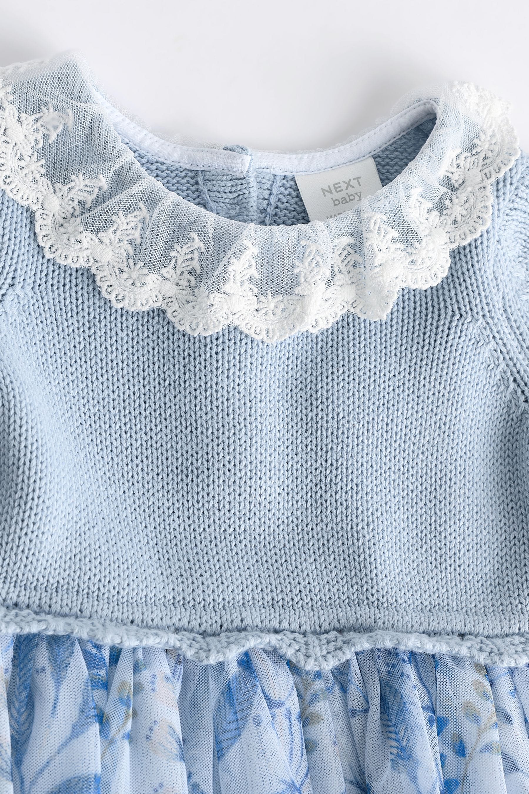 Buy Blue Floral 2 in 1 Long Sleeve Knitted Jumper Frill Collar Mesh Dress 0mths 2yrs from the Next UK online shop