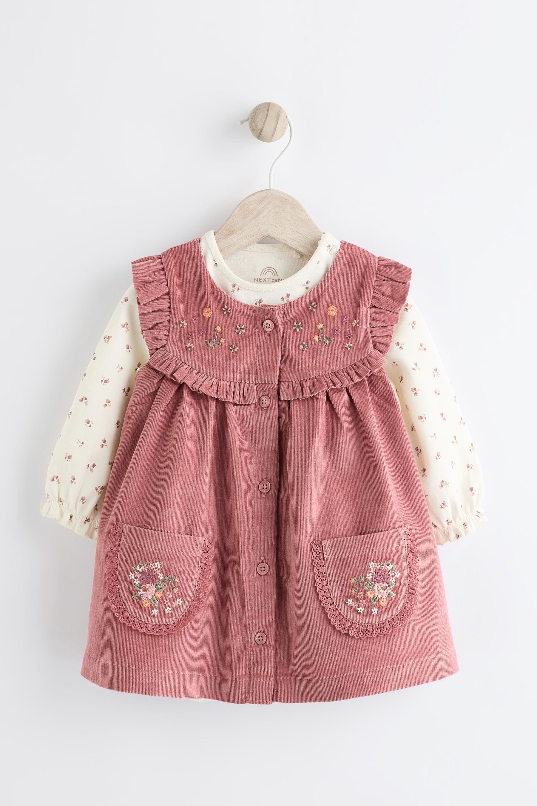 Pink Embroidered Baby Corduroy Pinafore Dress With Tights 0mths 2yrs