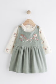 Green Embroidered Baby Corduroy Pinafore Dress With Tights (0mths-2yrs) - Image 1 of 6