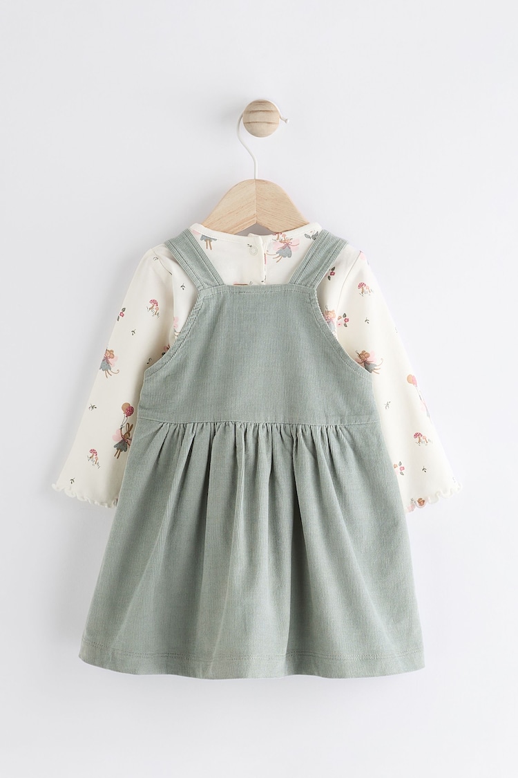 Green Embroidered Baby Corduroy Pinafore Dress With Tights (0mths-2yrs) - Image 2 of 9