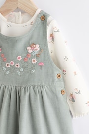 Green Embroidered Baby Corduroy Pinafore Dress With Tights (0mths-2yrs) - Image 2 of 6