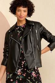 Love & Roses Black Faux Leather Long Line Biker Jacket - Image 1 of 4