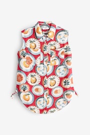 Red Plate Print Sleeveless Ruched Side Linen Blend Shirt - Image 5 of 6