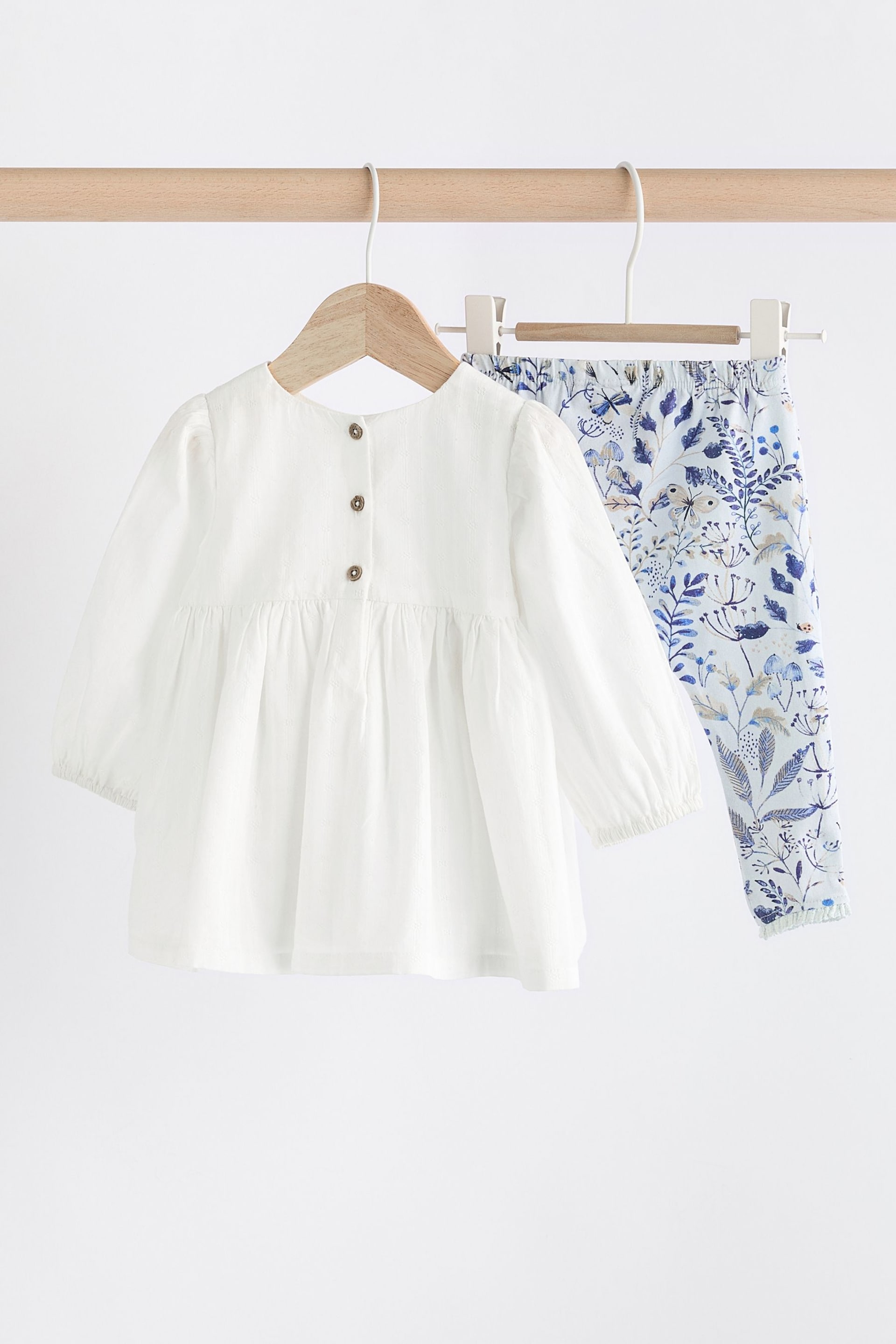 White/Blue Embroidered 2 Piece Baby Woven Blouse & Leggings Set - Image 4 of 12