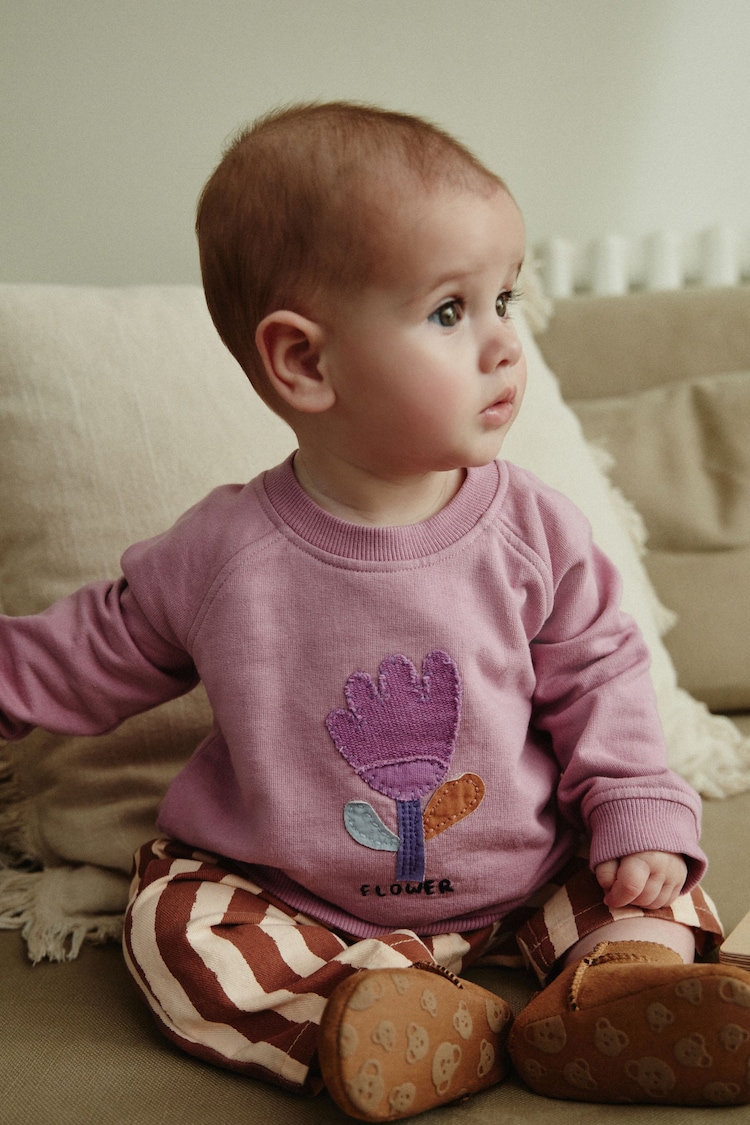 Lilac Purple Flower/ Stripe Baby 2 Piece Sweat & Wide Leg Trousers Set - Image 1 of 3