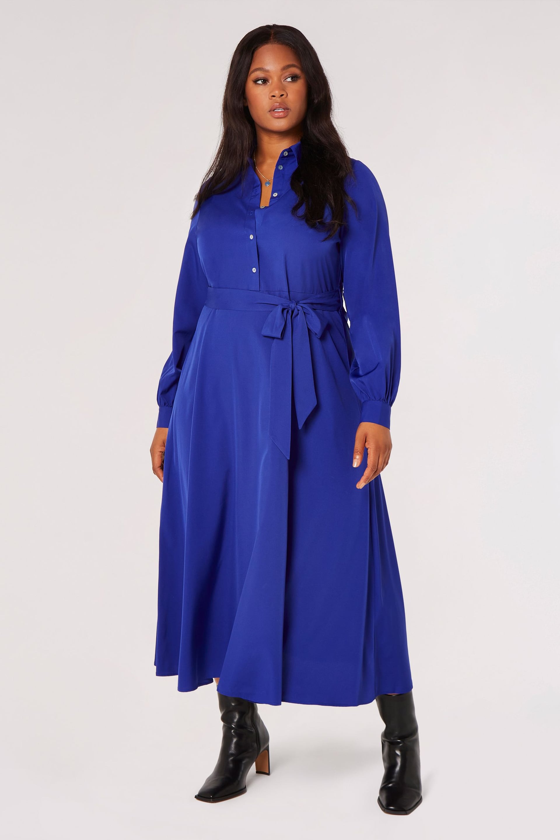 Apricot Blue Button Top Tie Waist Midi Dress - Image 1 of 4