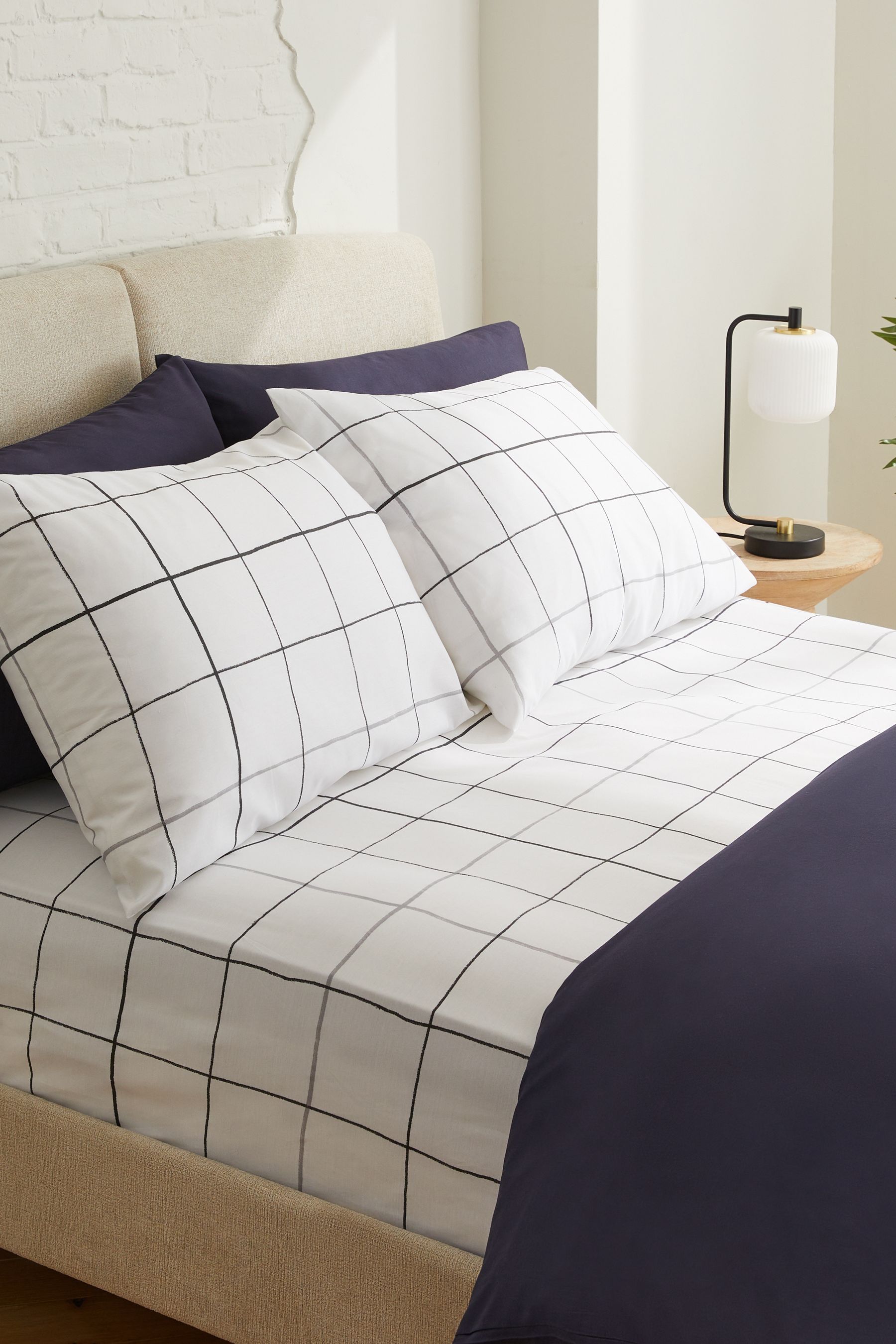 White Black Window Pane Check Printed Fitted Sheet and Pillowcase Set