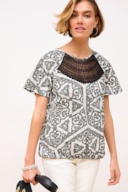 Black/White Print Short Sleeve Crochet Bubblehem Top - Image 1 of 6