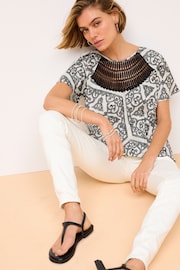 Black/White Print Short Sleeve Crochet Bubblehem Top - Image 2 of 6