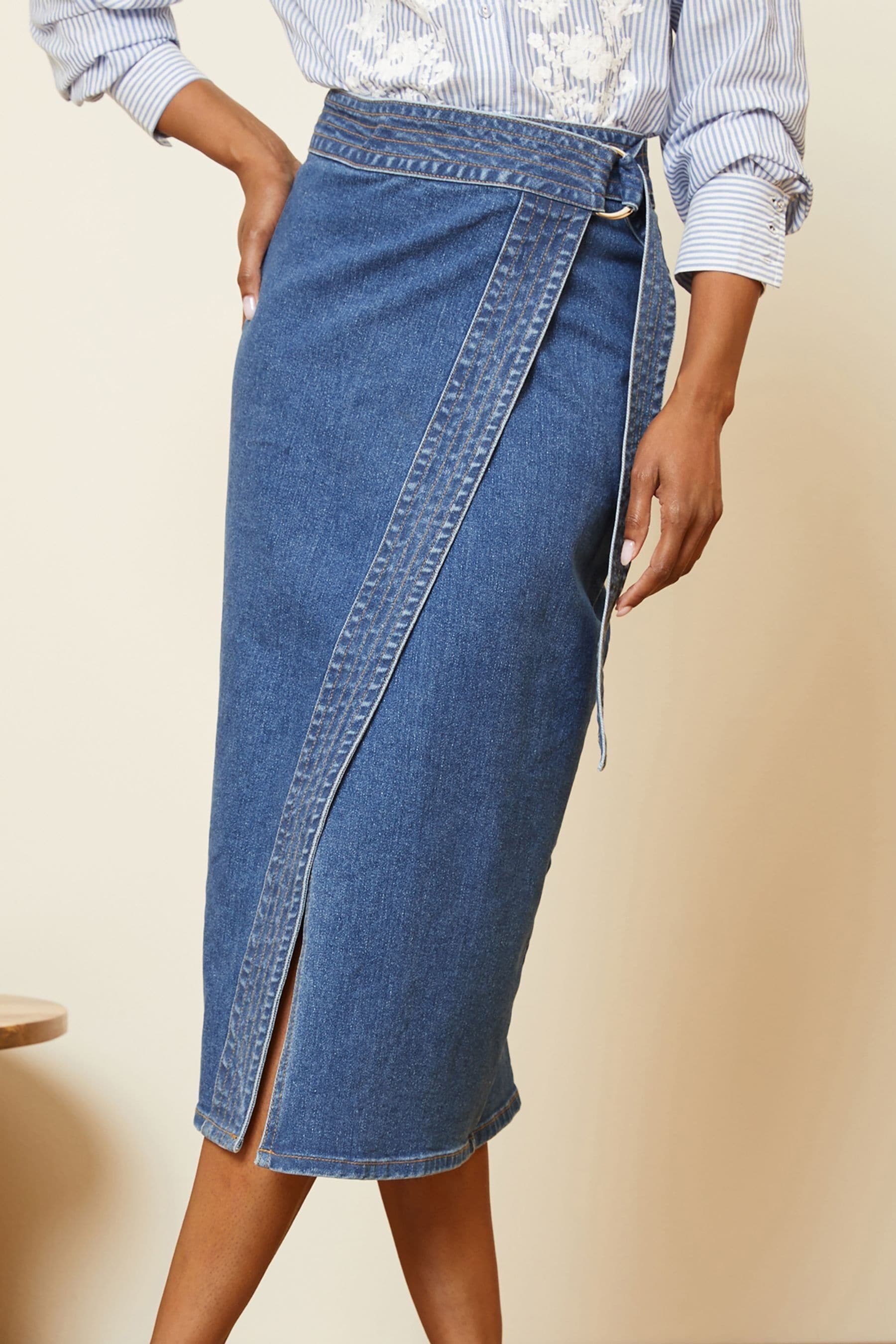 Buy Love Roses Midwash Blue Wrap Denim Midi Skirt from Next Luxembourg