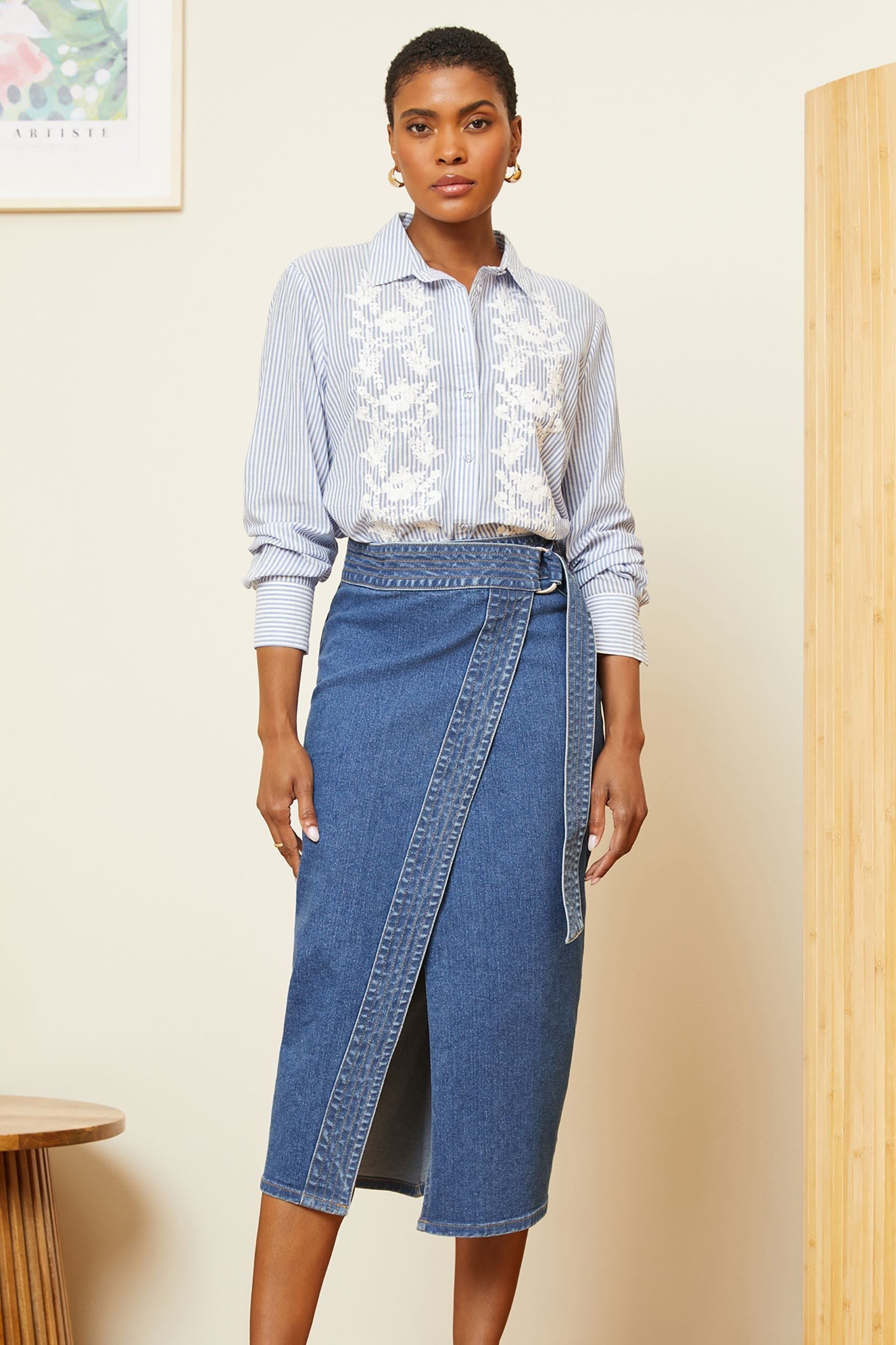 Buy Love Roses Midwash Blue Wrap Denim Midi Skirt from Next Ireland