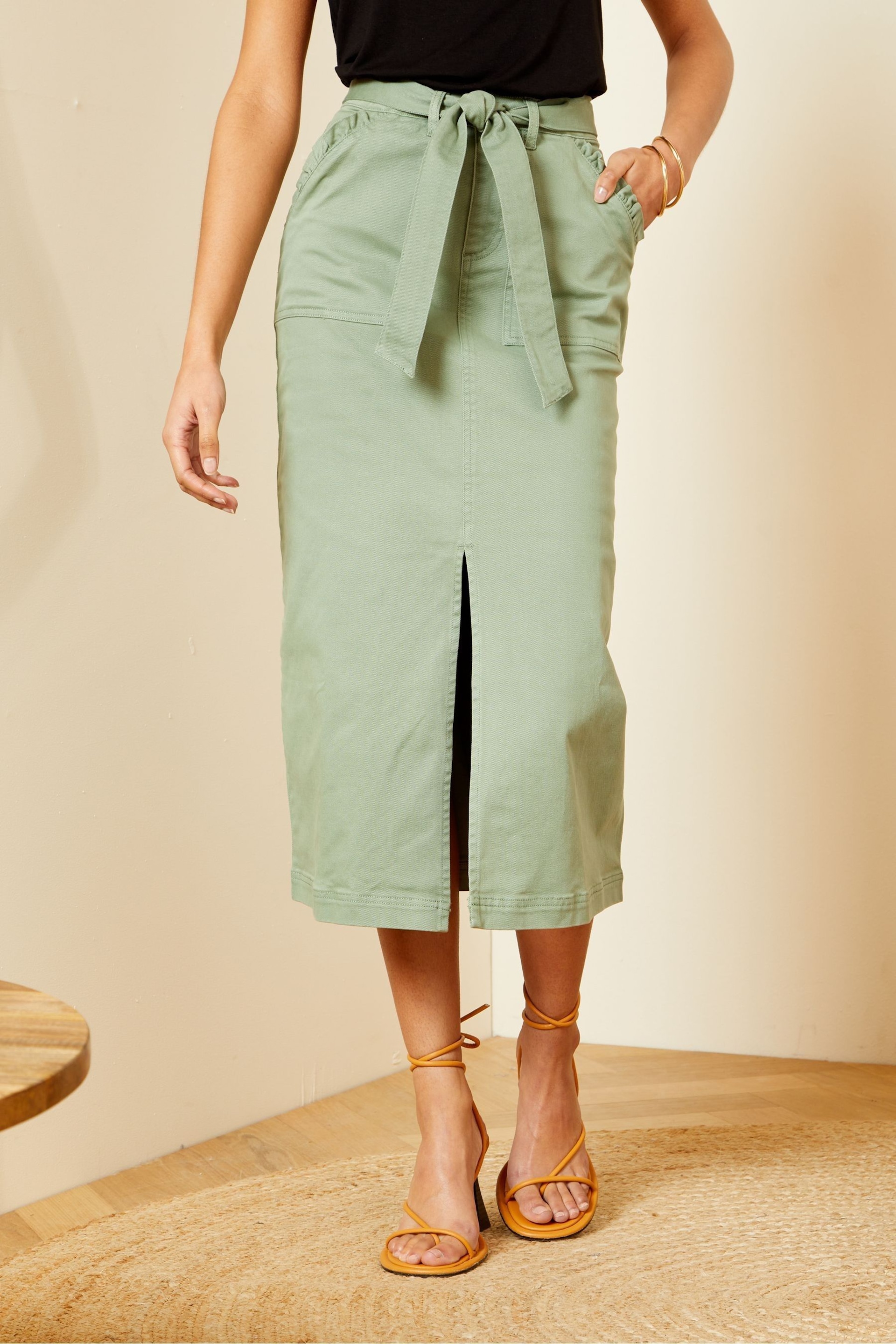 Love & Roses Khaki Green Twill Belted Cargo Midi Skirt - Image 1 of 4