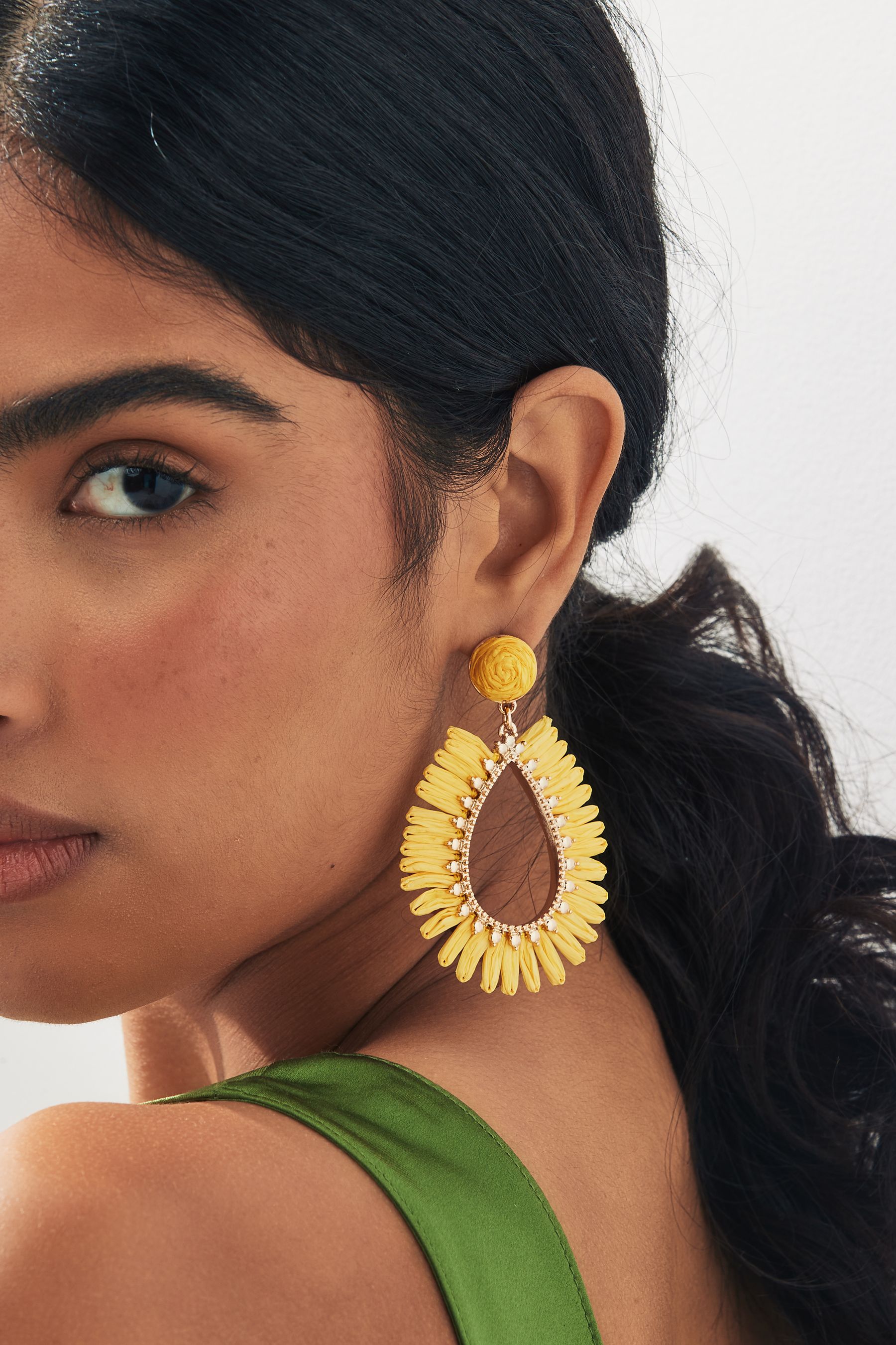 Buy Yellow Raffia Teardrop Statement Earrings Made With Recycled Metal from the Next UK online shop