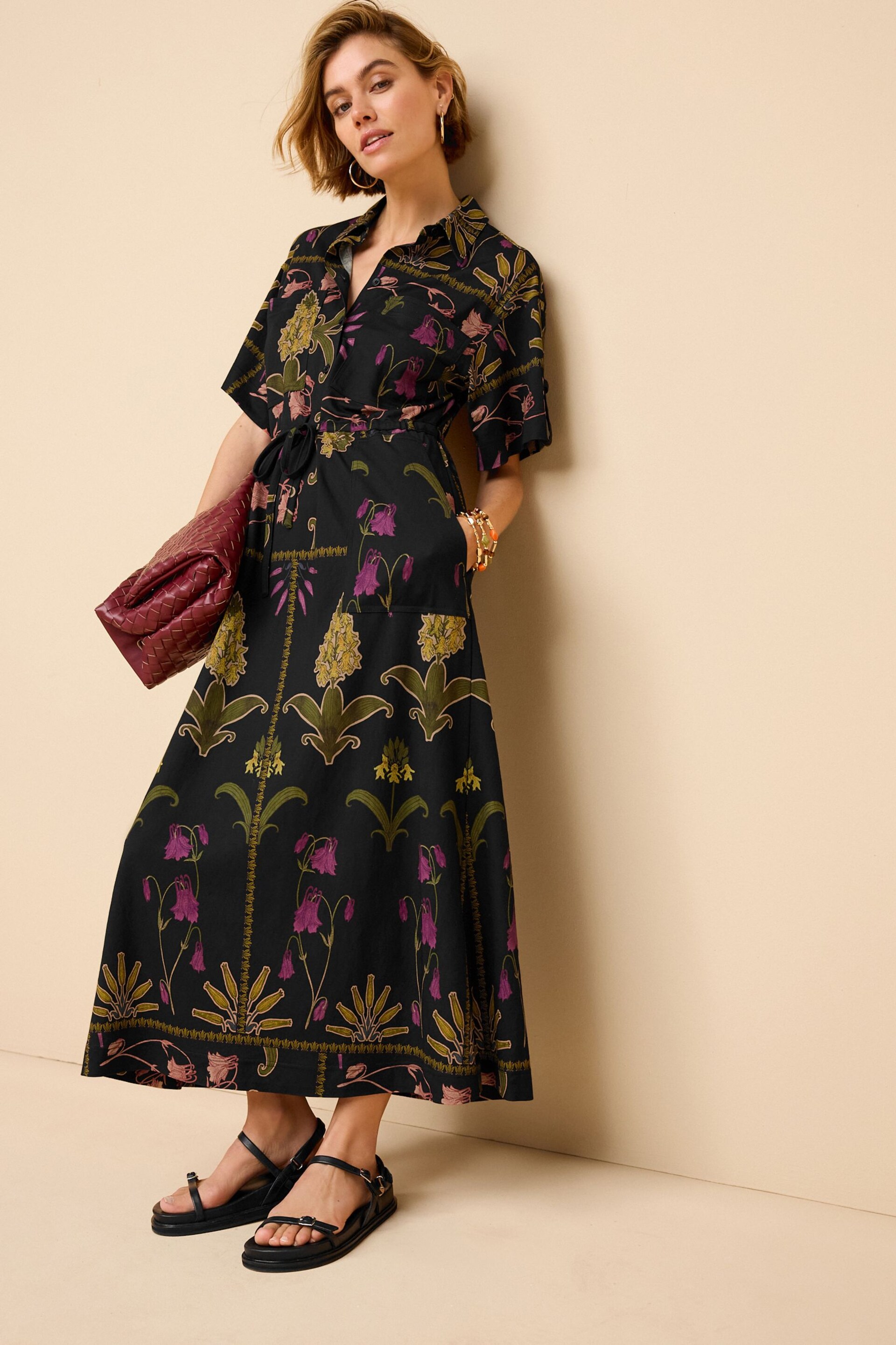 Black Floral Utility Pocket Shirt Midi Summer Dress - Image 1 of 6