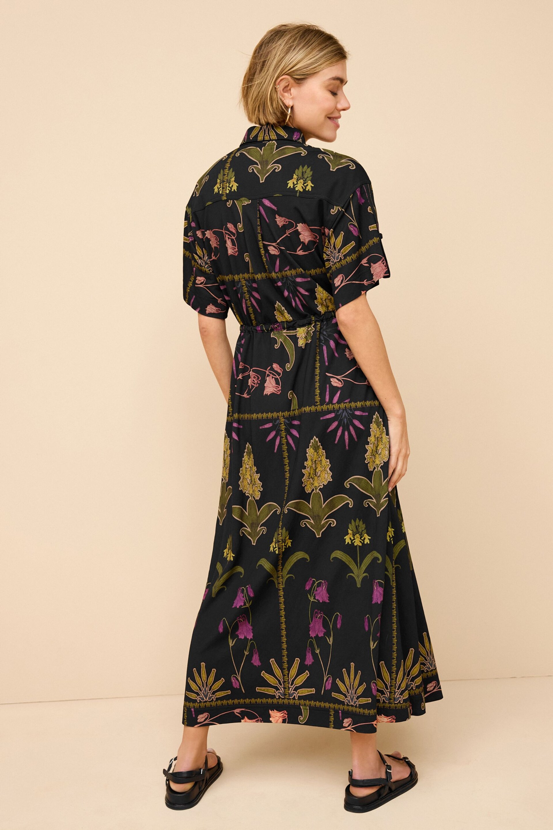 Black Floral Utility Pocket Shirt Midi Summer Dress - Image 2 of 6