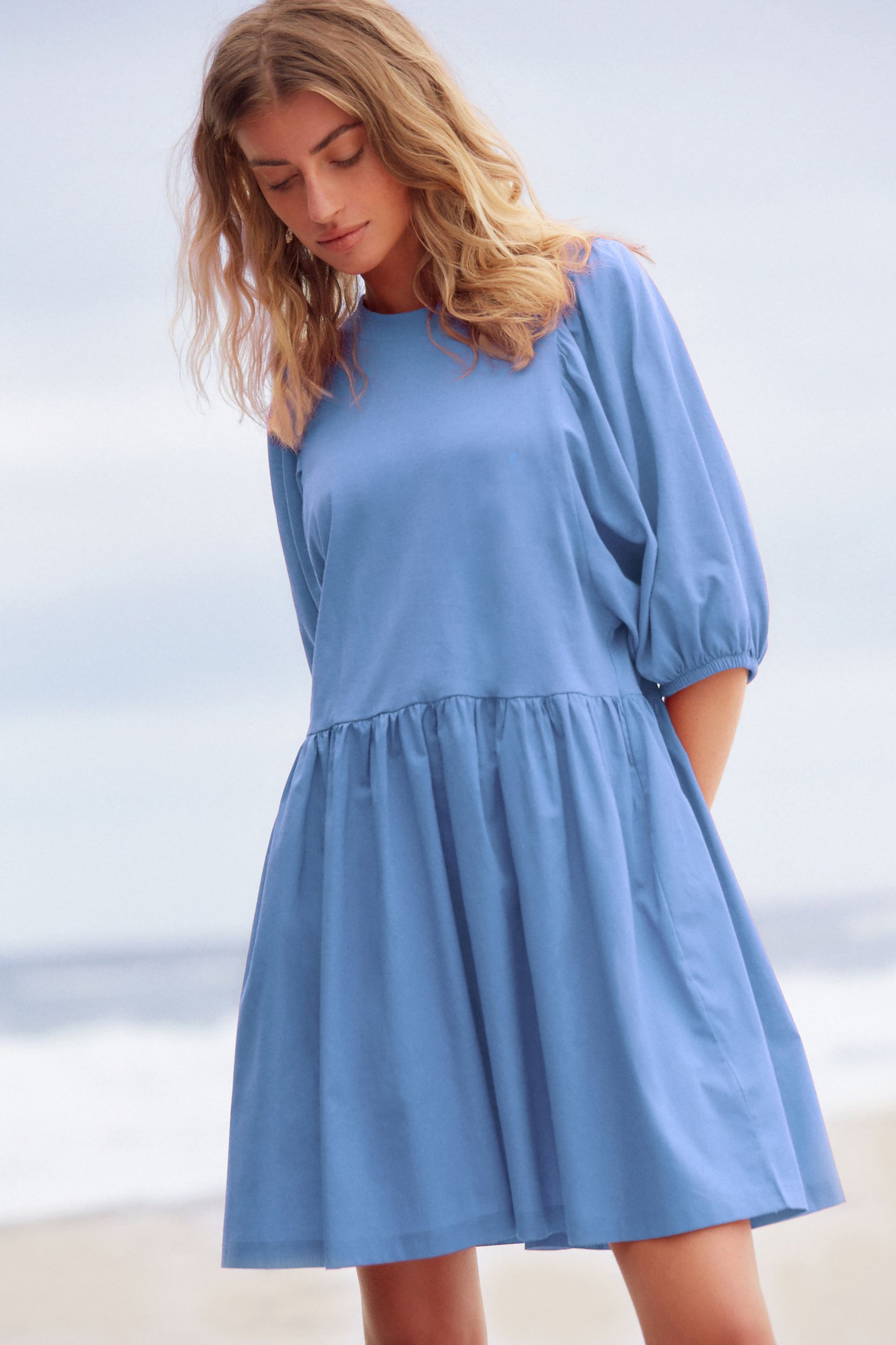Blue Puff Sleeve Mini Jersey Dress - Image 1 of 3