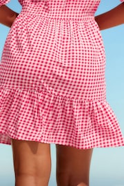 Red Gingham Puff Sleeve Woven Mix Summer Dress - Image 4 of 7