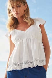 White Lace Trim Flutter Sleeve Summer Holiday Top - Image 1 of 7