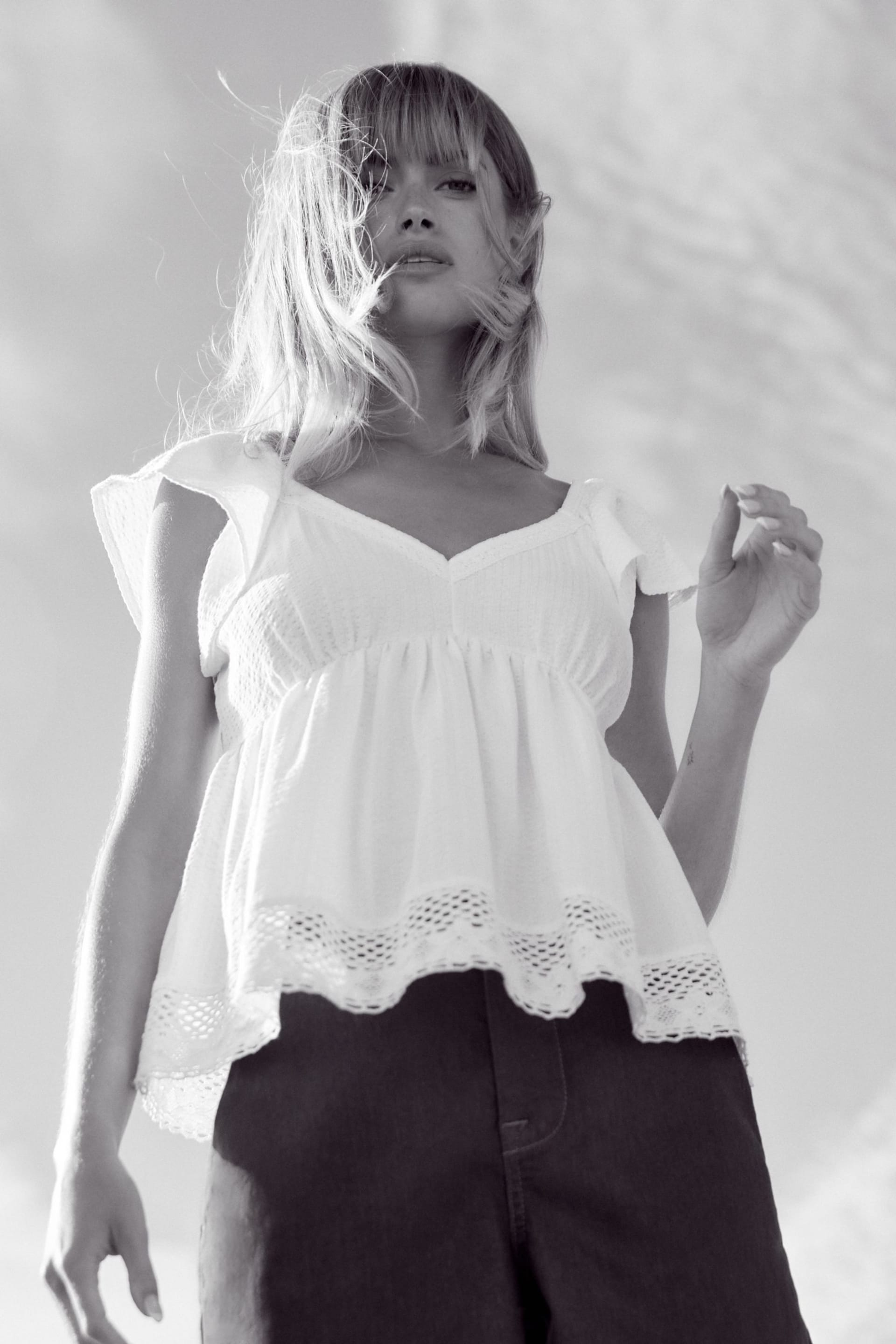 White Lace Trim Flutter Sleeve Summer Holiday Top - Image 2 of 7