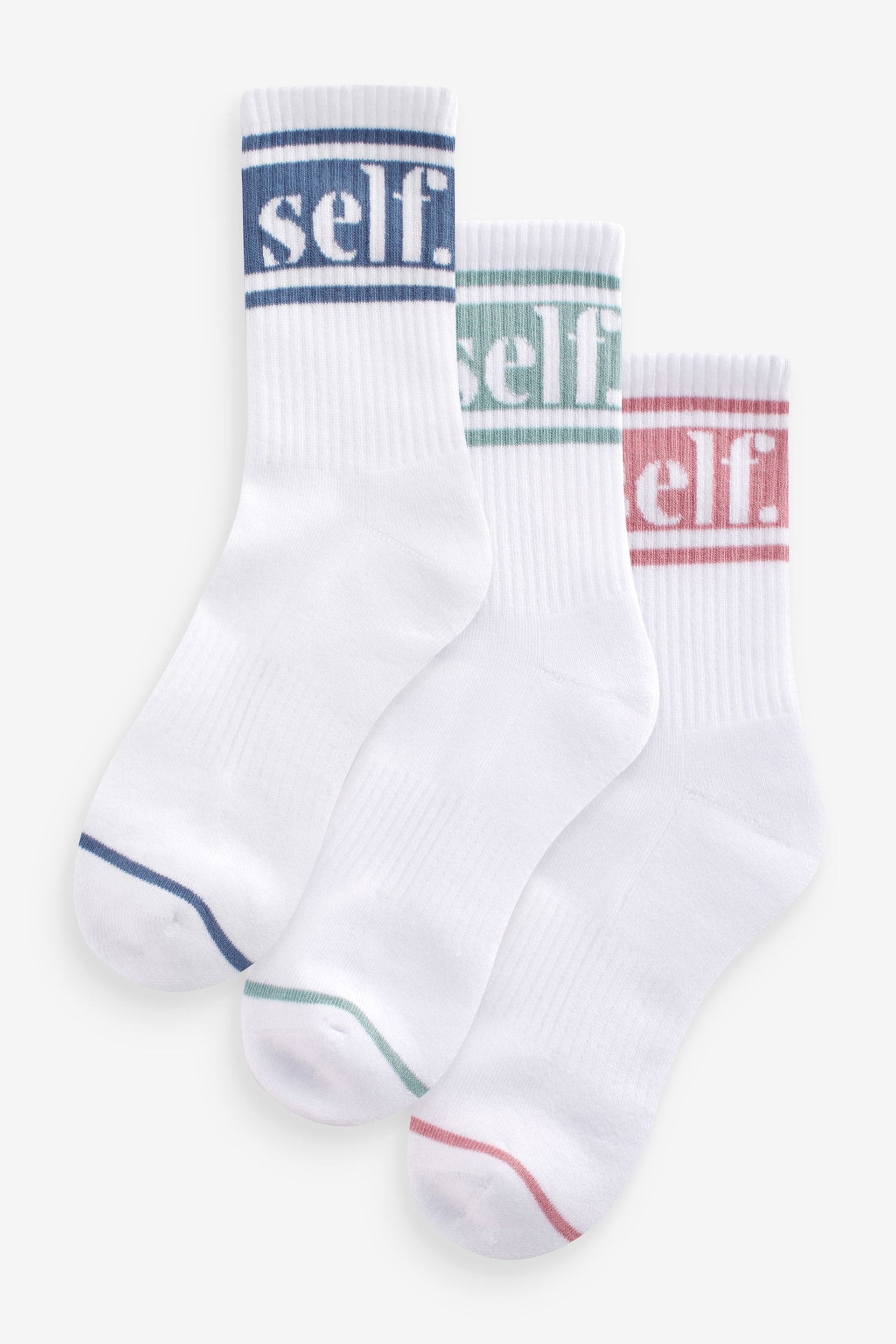 self. Pink/Navy/ Teal Cushioned Sole Ribbed Slogan Ankle Socks 3 Pack - Image 1 of 5