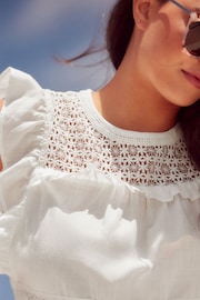 White 100% Cotton Frill Sleeve Lace Insert Summer Blouse - Image 4 of 6