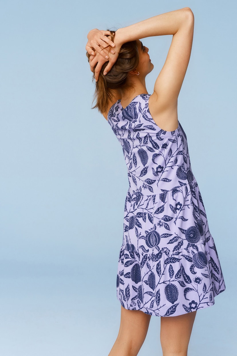 Morris & Co Purple Print Sleeveless Tiered Mini Summer Jersey Dresses - Image 3 of 6