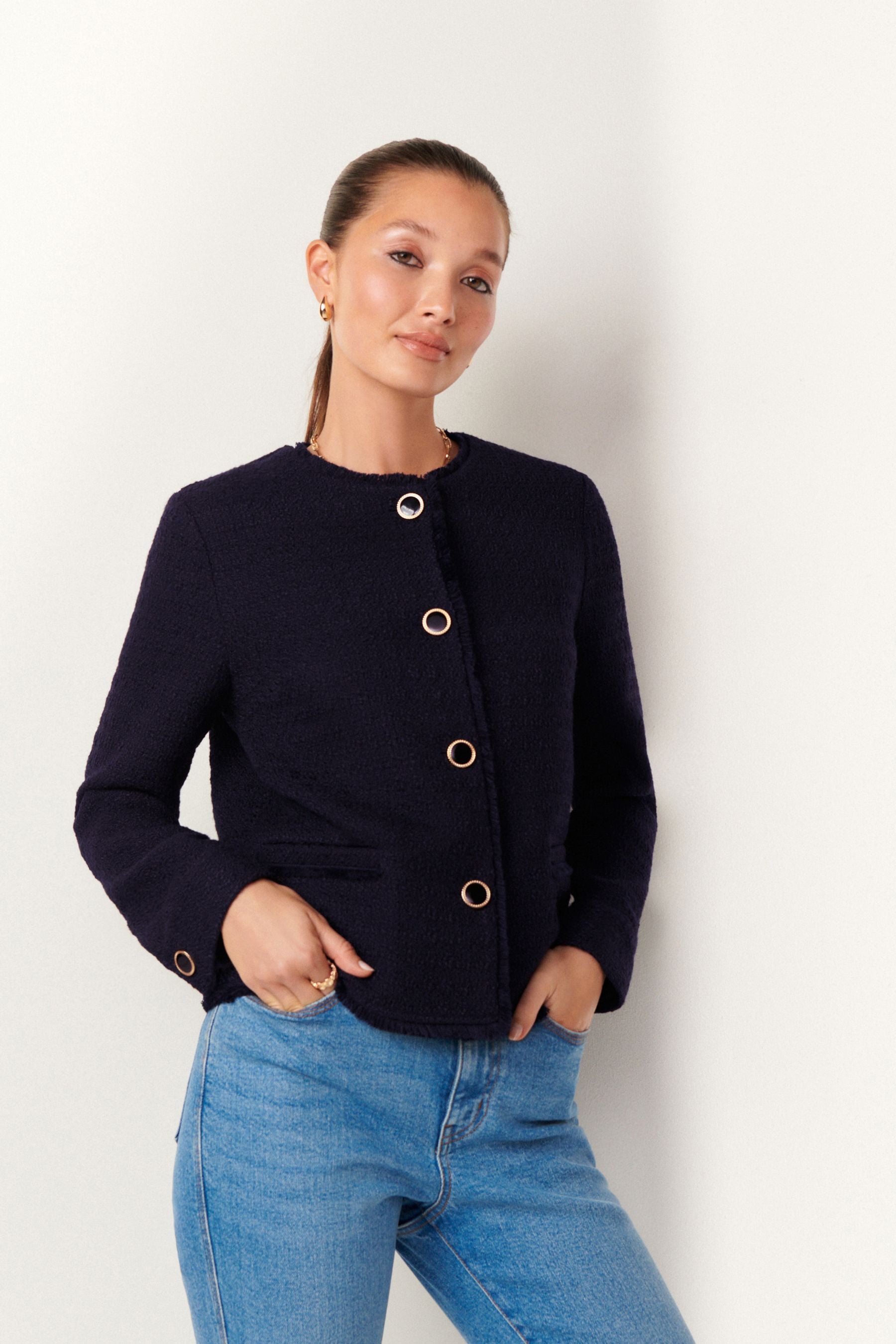 Buy Navy Collarless Boucle Button Detail Jacket from the Next UK online shop