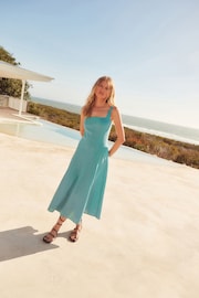 Teal Blue Linen Blend Midi Dress - Image 2 of 7