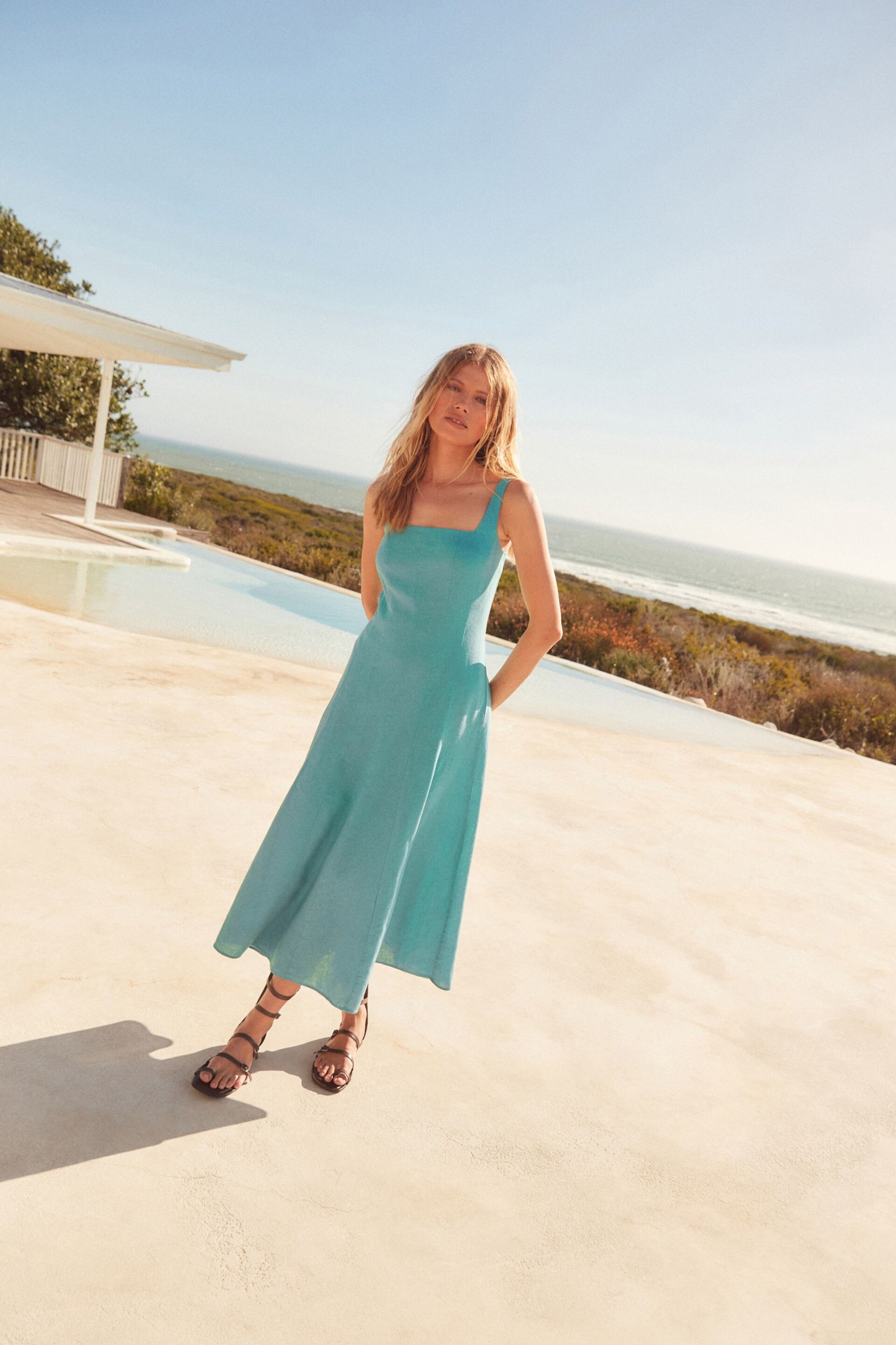 Teal Blue Linen Blend Midi Dress - Image 2 of 7