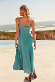 Teal Blue Linen Blend Midi Dress - Image 3 of 7