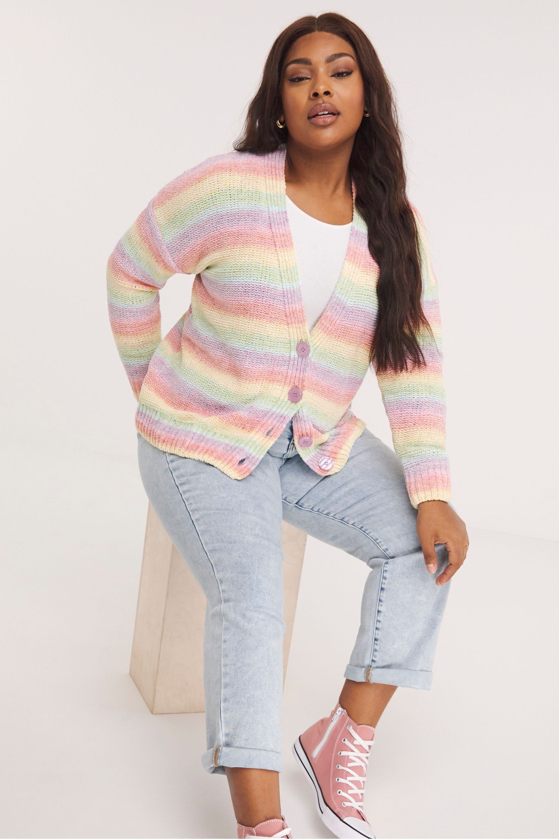 Buy Simply Be Pink Rainbow Ombre Stripe Chenille Cardigan from Next Luxembourg