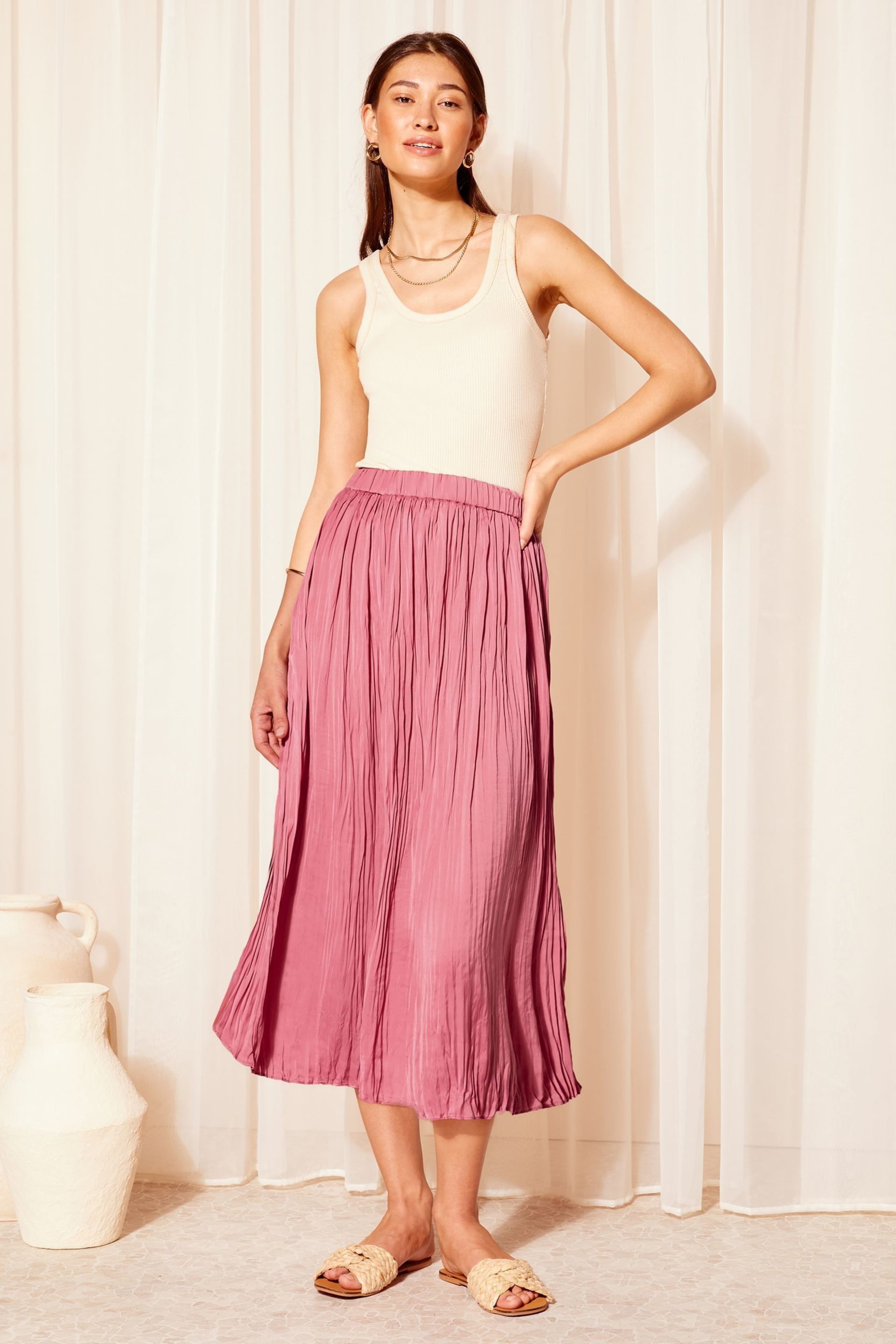 Friends Like These Rose Pink Soft Crinkle Satin Midi Skirt - Image 3 of 4