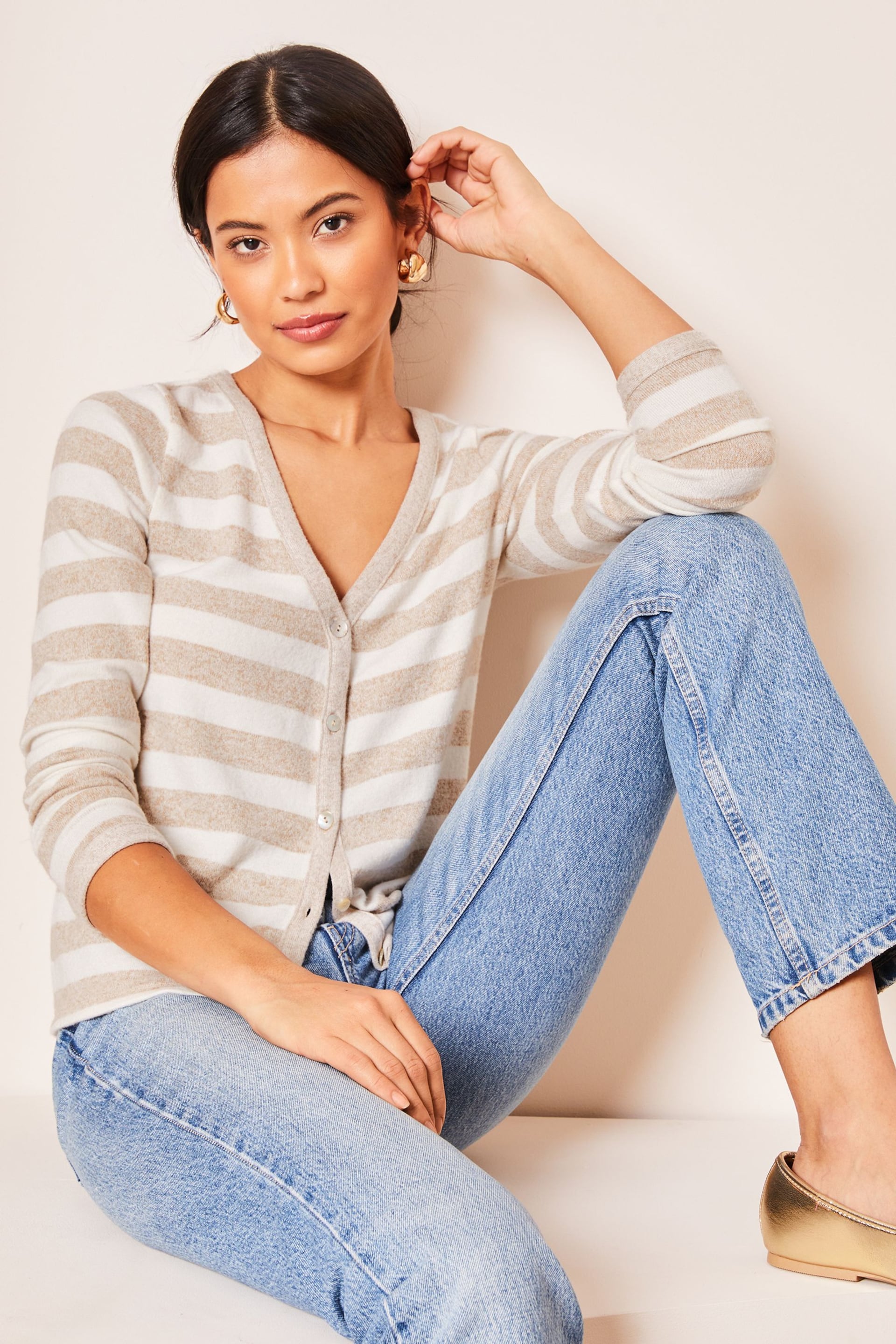 Lipsy Camel Striped Button Through Cardigan - Image 1 of 4