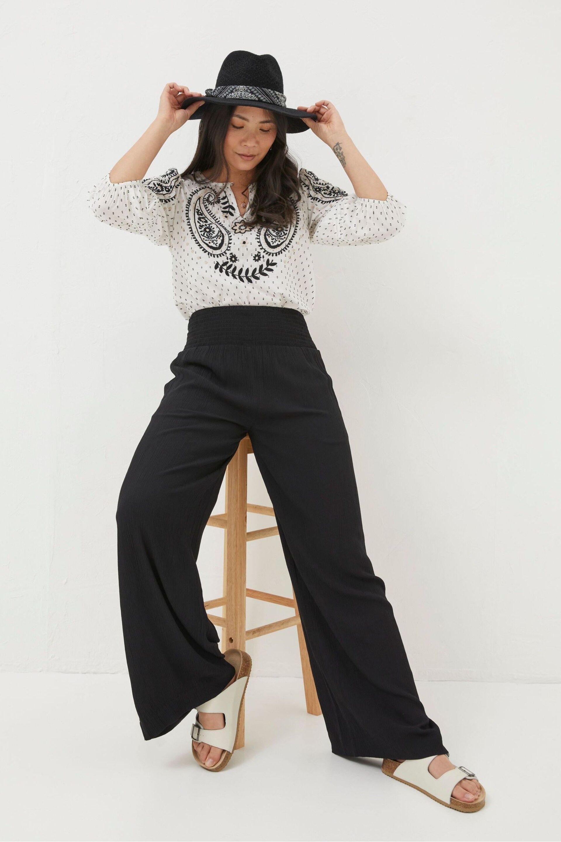 FatFace Black Shirred Wide Leg Palazzo Trousers - Image 3 of 6