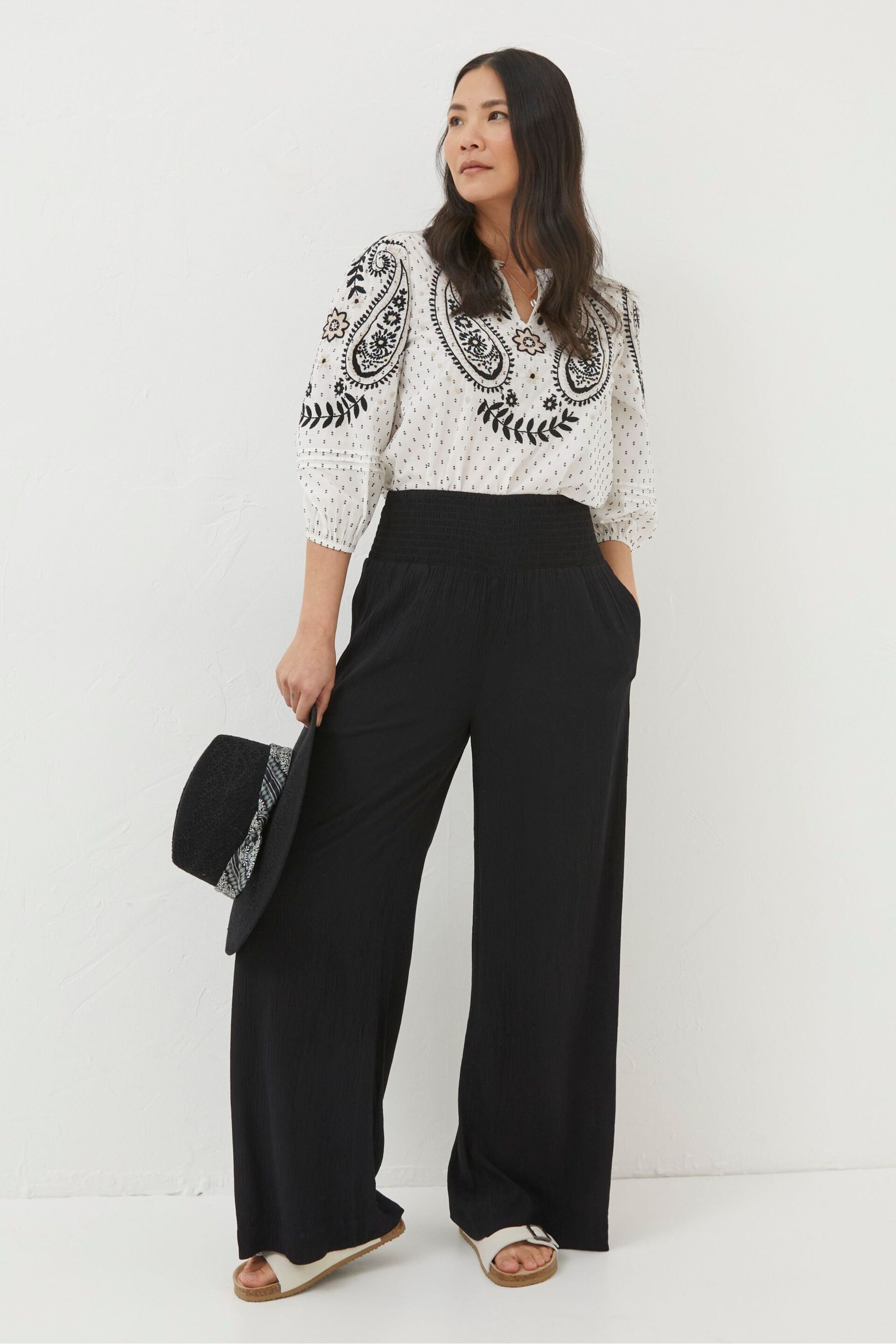 FatFace Black Shirred Wide Leg Palazzo Trousers - Image 4 of 6