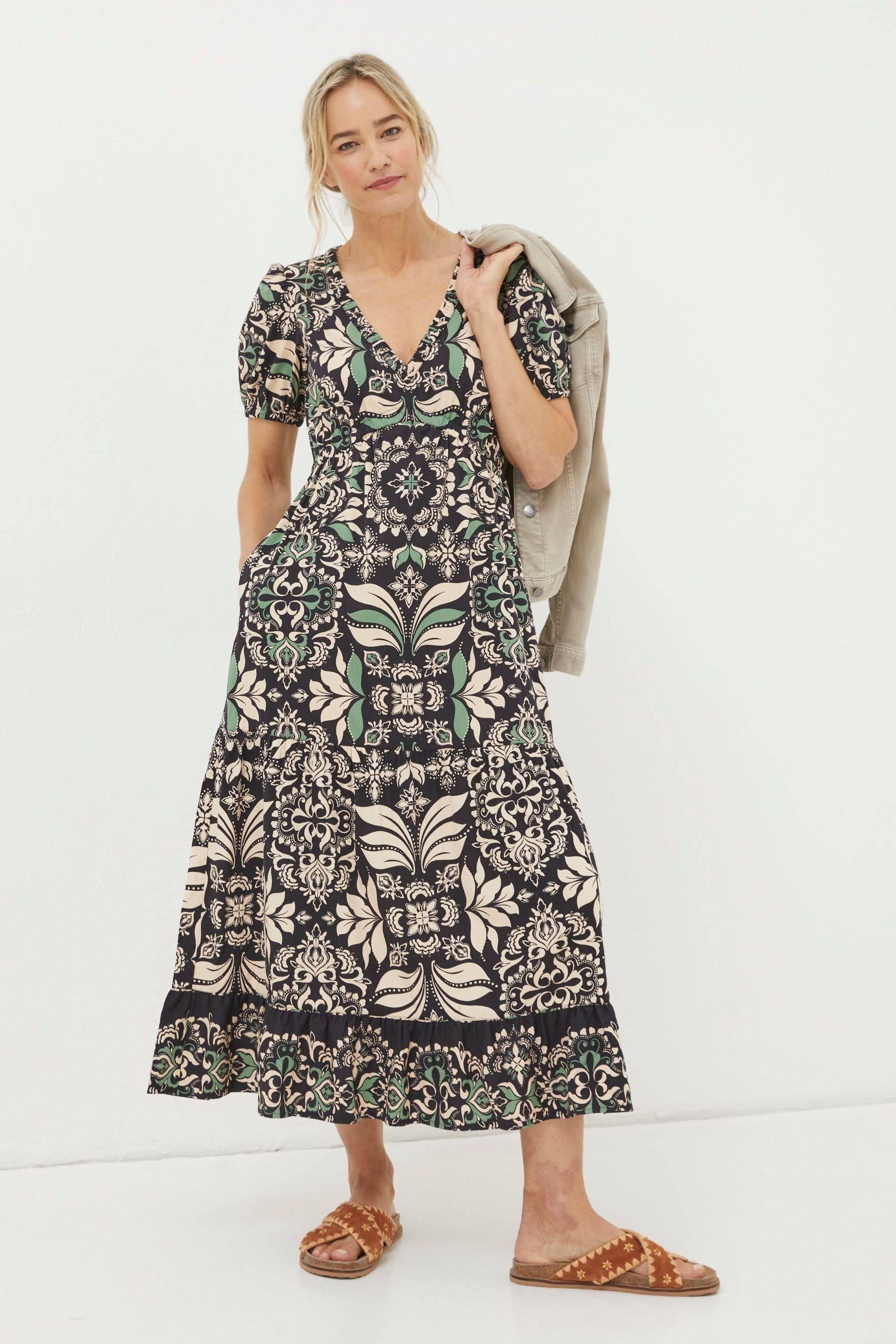 Buy FatFace Black Priya Mosaic Leaf Midi Dress from Next Luxembourg