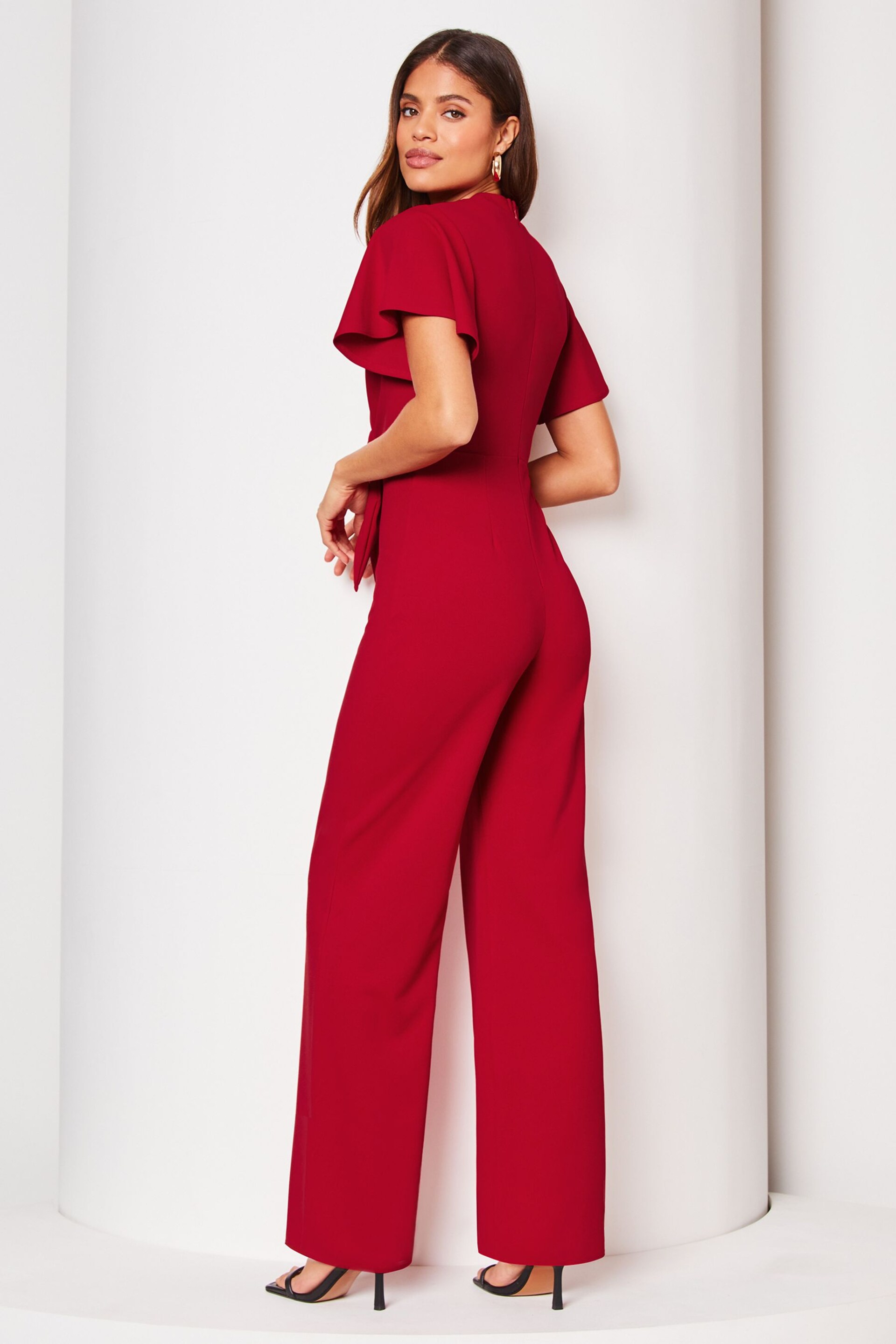 Lipsy Red Flutter Sleeve V Neck Tie Front Wide Leg Jumpsuit - Image 2 of 4