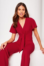 Lipsy Red Flutter Sleeve V Neck Tie Front Wide Leg Jumpsuit - Image 3 of 4