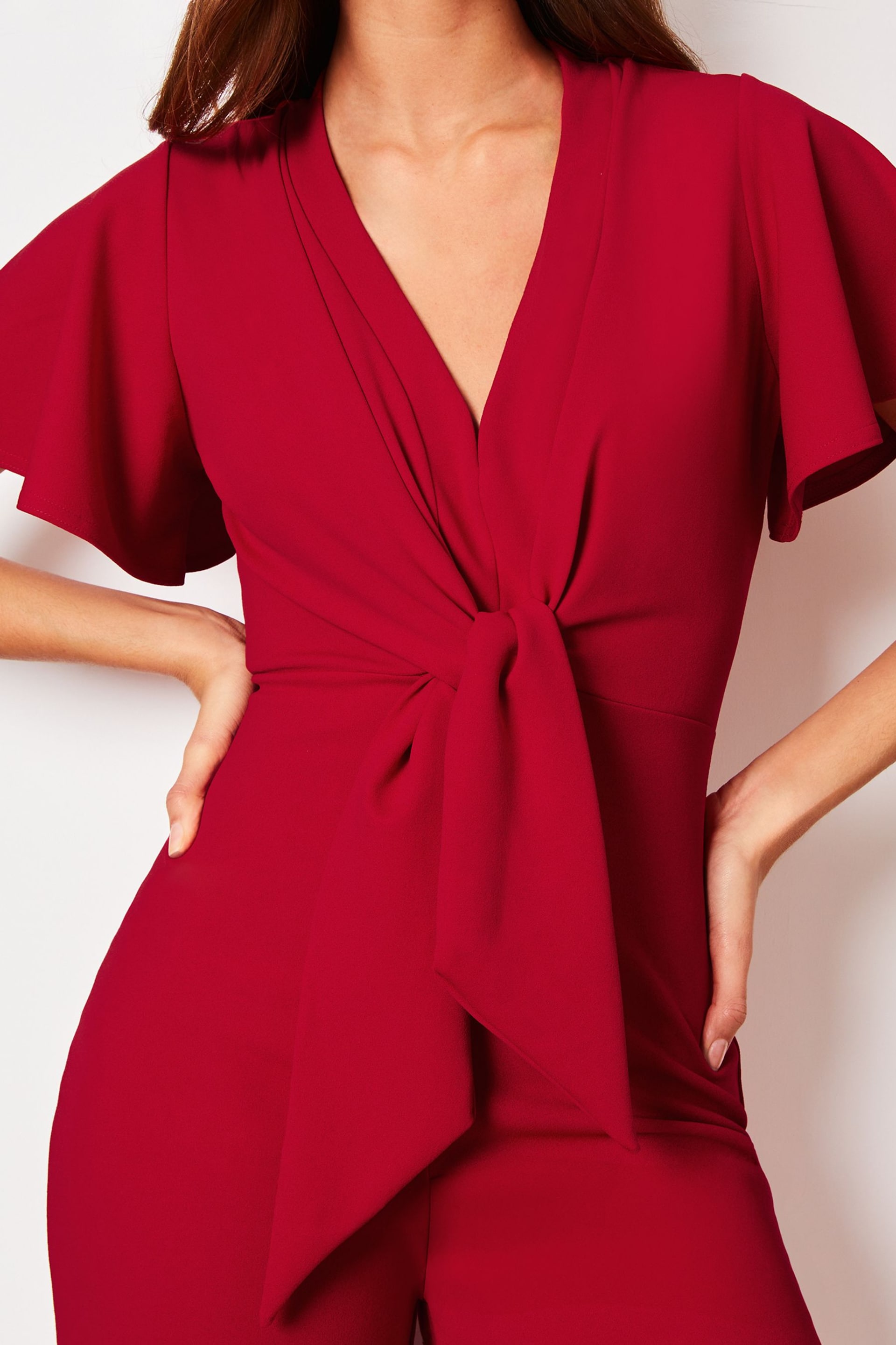 Lipsy Red Flutter Sleeve V Neck Tie Front Wide Leg Jumpsuit - Image 4 of 4