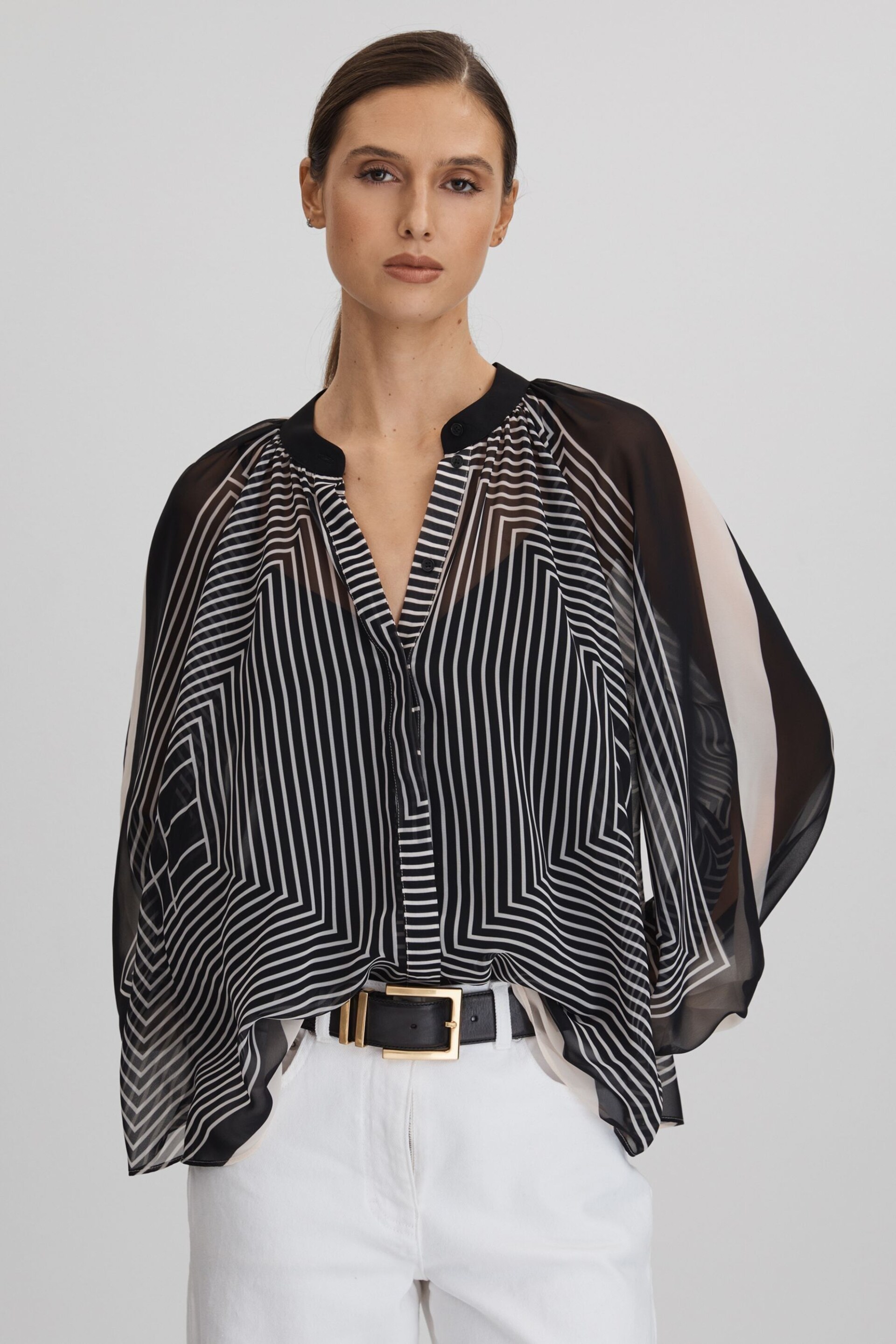 Reiss Black/Cream Charli Printed Button-Through Blouse - Image 1 of 6