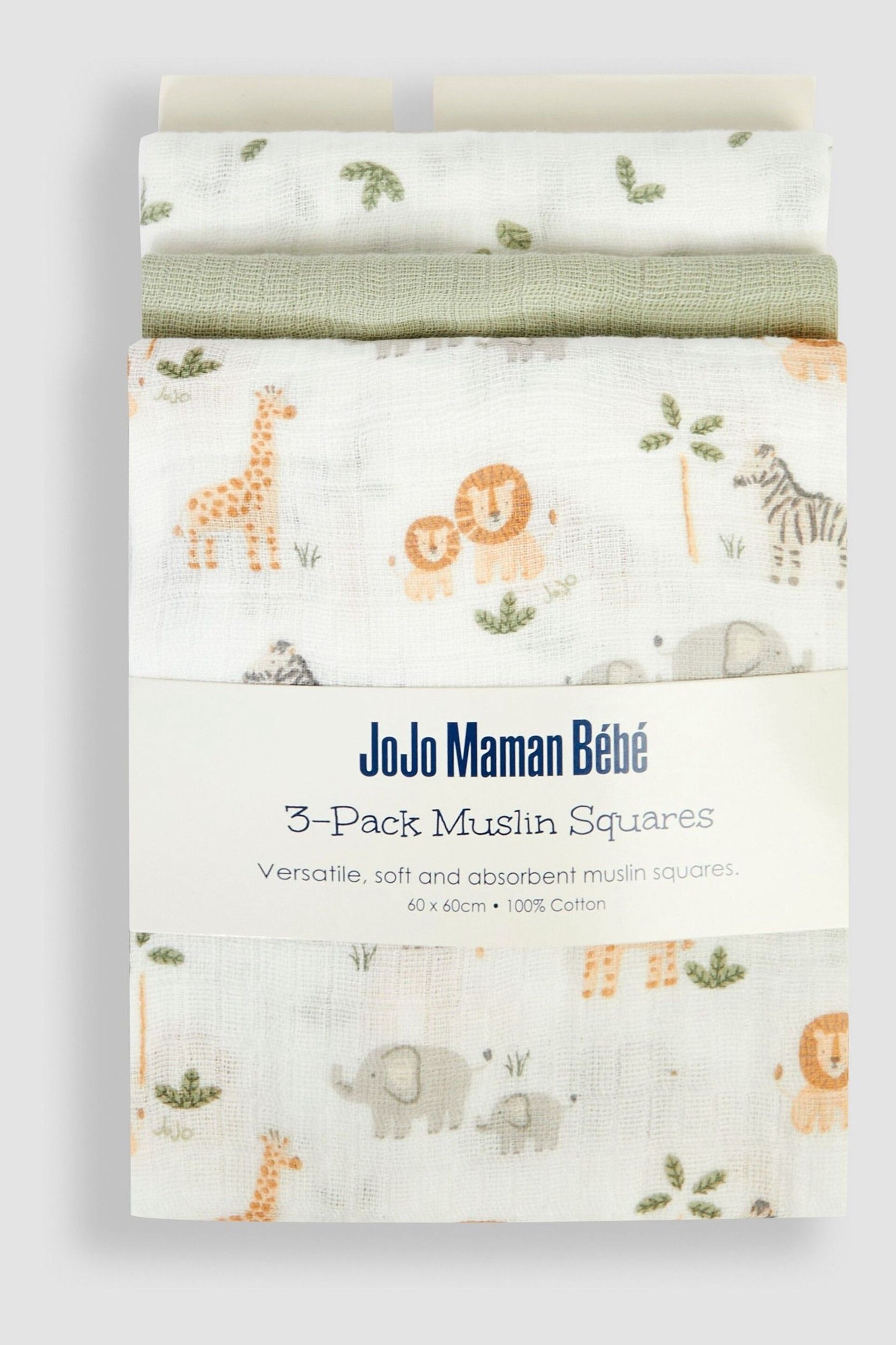 JoJo Maman Bébé Soft Safari 3-Pack Muslin Squares - Image 3 of 3