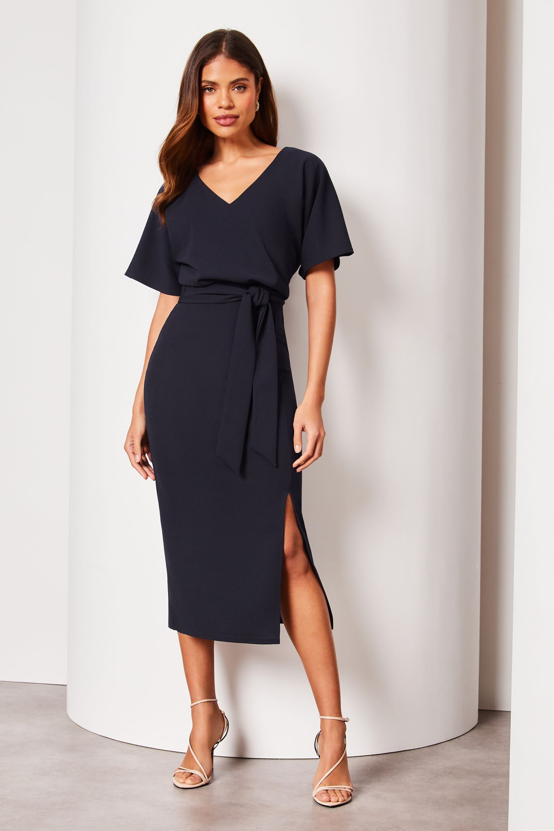 Lipsy Navy Blue Petite V Neck Flutter Sleeve Belted Midi Dress - Image 1 of 4