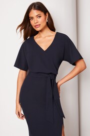 Lipsy Navy Blue Petite V Neck Flutter Sleeve Belted Midi Dress - Image 3 of 4