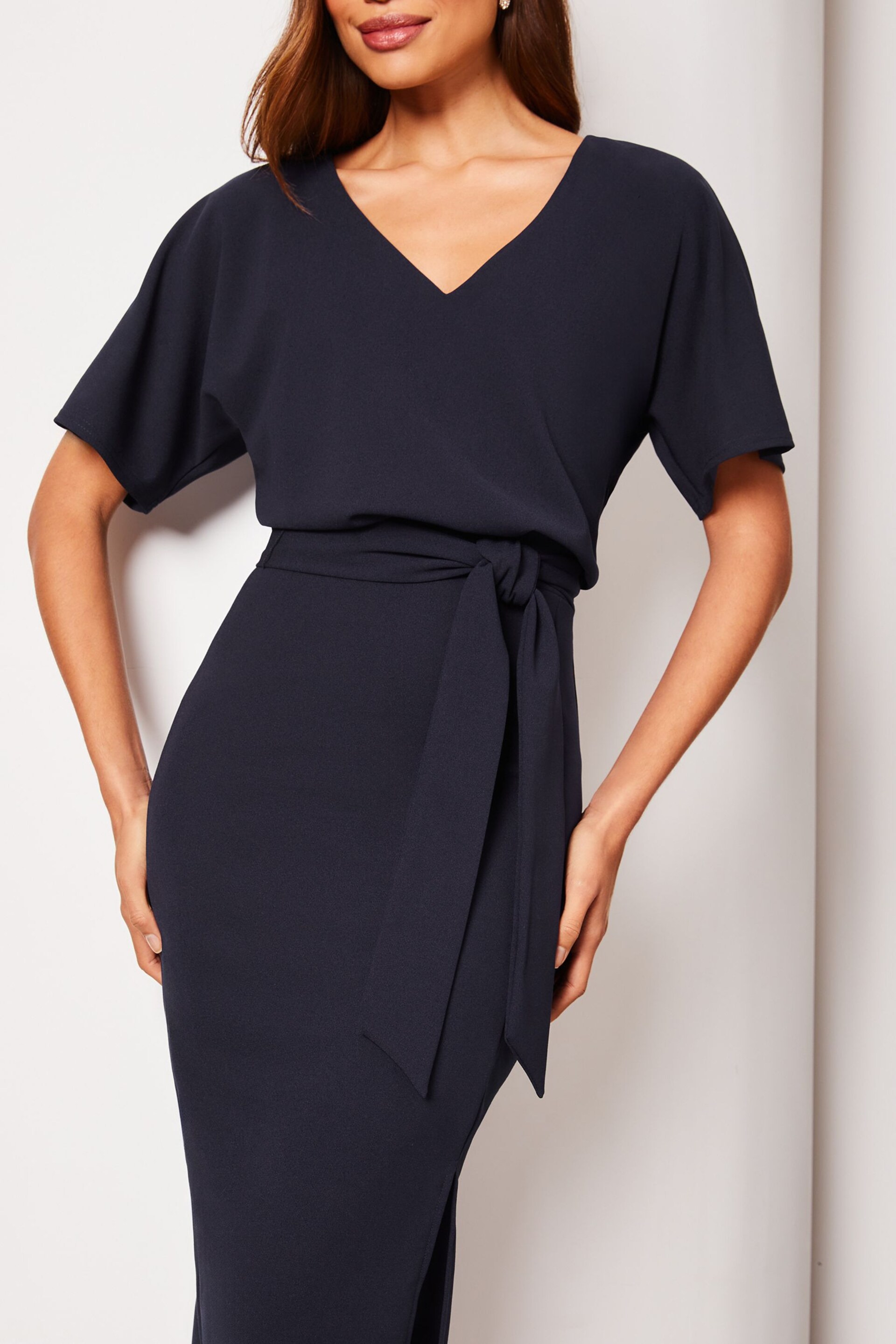 Lipsy Navy Blue Petite V Neck Flutter Sleeve Belted Midi Dress - Image 4 of 4