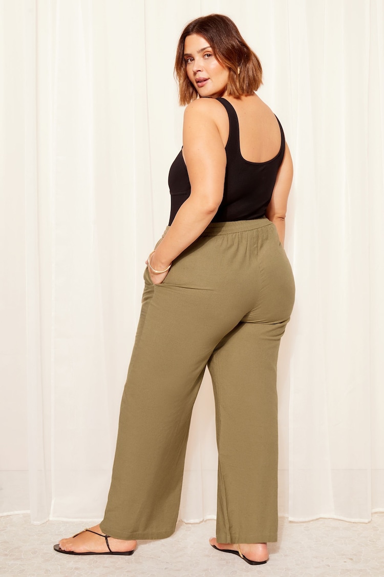 Curves Like These Khaki Green Cotton/ Linen Mix Wide Leg Trousers - Image 2 of 4