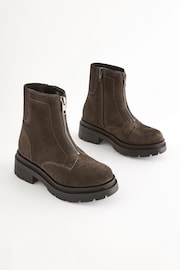 Brown Suede Zip Front Chunky Boots - Image 1 of 6