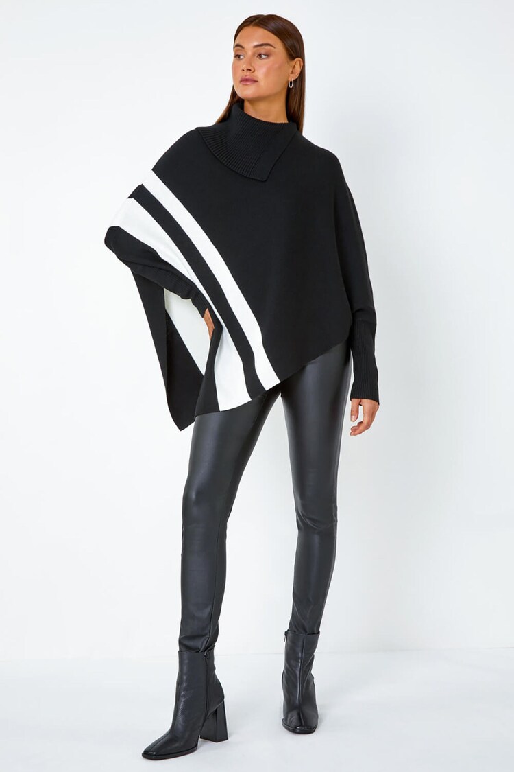 Roman Black Roll Neck Wool Blend Stripe Poncho - Image 2 of 5